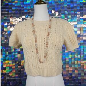 Free People Cream Cable Knit Puff Sleeve Cropped Sweater Top